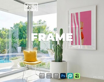 Mockup di cornice di metà secolo / PSD di cornice per foto a bordo piscina / Scena di cactus nel deserto / Mockup di oggetto intelligente / Download immediato