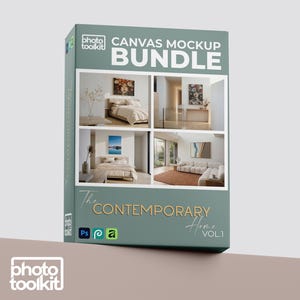 May include: A teal canvas mockup bundle box with the text "CANVAS MOCKUP BUNDLE" in white. The box features interior design images and the text "The Contemporary Home Vol. 1". The Photo Toolkit logo is at the bottom.