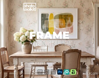 PSD-Rahmen-Mockup | Weiß | Esszimmer im Shabby-Chic-Stil | ISO-A-Landschaft | Kunstdruck mit Hortensien | DIN-A