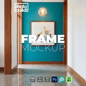May include: A hallway with a teal accent wall featuring a framed artwork with birds. The words "FRAME MOCKUP" are displayed in large white letters. The hallway has wooden door frames and a glossy floor.