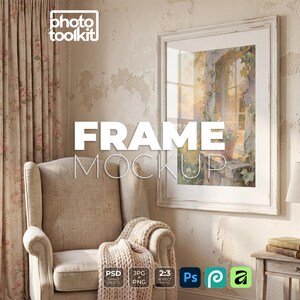 May include: A framed artwork mockup with a white frame, displayed on a textured wall. The image features a beige armchair, a patterned curtain, and a small side table with a lamp and books. The text "FRAME MOCKUP" is visible.