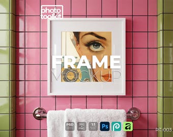 Retro Bathroom Frame Mockup | Pink Tile Photo Frame PSD | Vintage Bathroom Scene | Smart Object Mockup | Instant Download