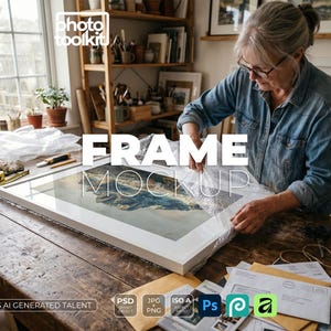 Lifestyle Frame Mockup | Artist Studio Photo Frame PSD | Woman Wrapping Frame Scene | Smart Object Mockup | Instant Download