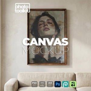 Canvas Mockup PSD | Antique Canvas on Textured Plaster Wall | Minimal Living Room | No Glass | Art Print Mockup
