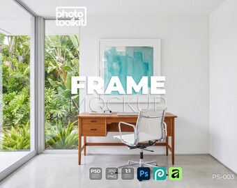 Mockup di cornice di metà secolo / PSD di cornice per foto per ufficio domestico / Scena con vista sul giardino / Mockup di oggetto intelligente / Download immediato