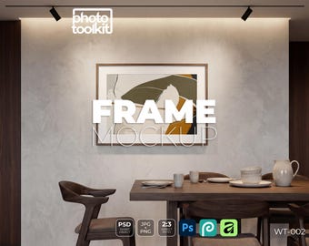 Mockup di cornice contemporanea / PSD di cornice per foto da sala da pranzo / Scena di tavolo in legno con parete in cemento / Mockup di oggetto intelligente / Download immediato