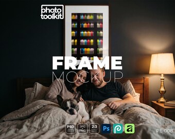 Frame Mockup PSD | Walnut Frame in Moody Bedroom | Couple with French Bulldog | Dark Interior | Art Print Mockup