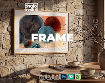 Mockup di cornice per muro in pietra / PSD di cornice per foto in pietra naturale / Scena da pranzo organica / Mockup di oggetto intelligente / Download immediato