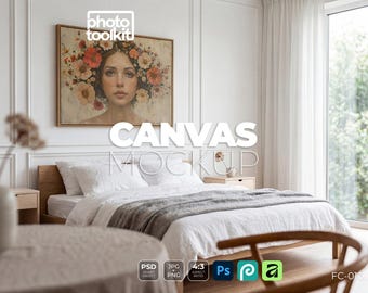 Leinwand-Mockup (PSD), 4:3 Wandbild über dem Bett in einem Schlafzimmer mit weißer Wandvertäfelung
