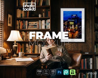 Frame Mockup PSD | Black Frame in Dark Home Library | Woman Reading with Cat | Moody Interior | Art Print Mockup