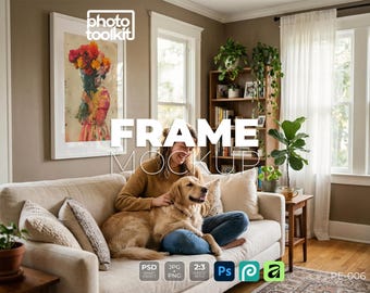 Frame Mockup PSD | White Frame in Neutral Living Room | Woman with Golden Retriever | Cosy Home | Photography Mockup