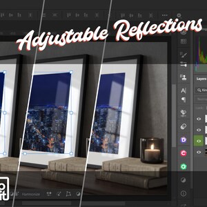 May include: Image of a software interface with the text "Adjustable Reflections". The interface shows framed images of a cityscape at night. A lit candle sits next to a stack of books. The software logo is visible.