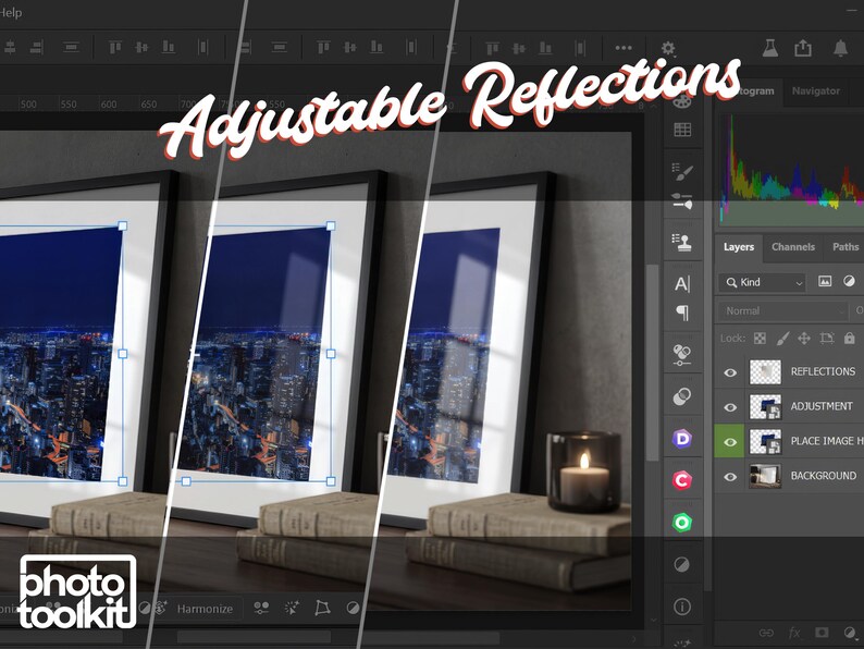 May include: Image of a software interface with the text "Adjustable Reflections". The interface shows framed images of a cityscape at night. A lit candle sits next to a stack of books. The software logo is visible.