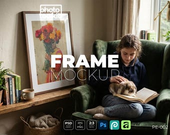 Frame Mockup PSD | Walnut Frame in Cosy Reading Nook | Green Armchair with Rabbit | Boho Interior | Art Print Mockup