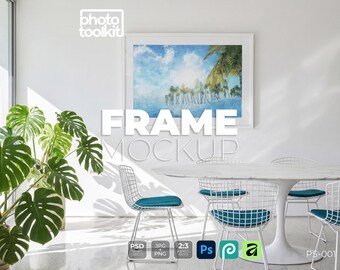 Mockup di cornice di metà secolo / PSD di cornice per foto da sala da pranzo / Scena con pianta Monstera / Mockup di oggetto intelligente / Download immediato