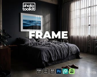 Mockup di cornice PSD – Paesaggio scuro e suggestivo della camera da letto / Esposizione artistica sopra il letto / Oggetto intelligente / Photoshop / Download immediato