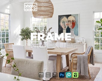 Weißes quadratisches Rahmenmodell | Esszimmer im Küsten-Landhausstil | Innenausstattung aus Rattanholz