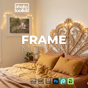 May include: Bedroom mockup featuring a bed with a woven rattan headboard and mustard-colored bedding. A framed picture hangs above the bed, and fairy lights are strung around the frame and headboard. The text "FRAME MOCKUP" is displayed.