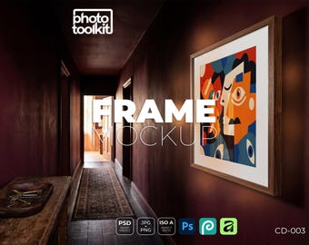 PSD-Rahmen-Mockup | Eichenholz | Tiefburgunderroter Flur | ISO-A-Querformat | Farbintensiver Kunstdruck | DIN-A