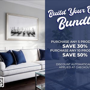 May include: A living room scene featuring a white sofa with navy blue cushions and a framed black and white photograph of boats. Text on the right side reads "Build Your Own Bundle" with discount details for purchasing multiple products.