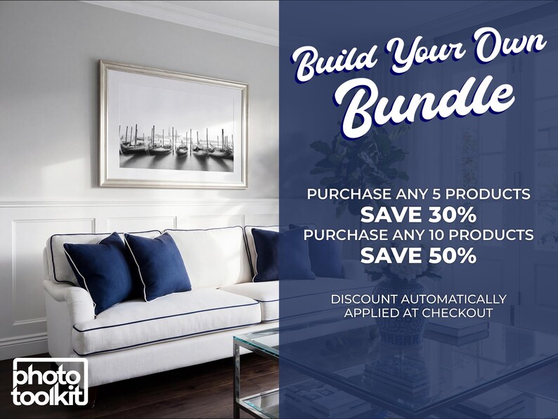 May include: A living room scene featuring a white sofa with navy blue cushions and a framed black and white photograph of boats. Text on the right side reads "Build Your Own Bundle" with discount details for purchasing multiple products.