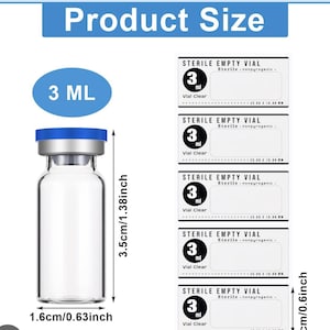 May include: A clear glass 3 mL sterile empty vial with a blue cap, measuring 1.38 inches in height and 0.63 inches in width. The image also shows a stack of labels with the same vial information.
