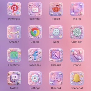Kawaii App Icons Pack, 50 Chubby Bunny Plush Icons, Purple Pink Pastel Aesthetic, iOS e Android Home Screen Icons, Cute Theme, dream girl
