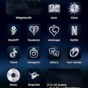 May include: A dark blue phone screen displaying app icons with silver and white designs. Apps include social media, streaming services, and utilities. Text on the screen reads "A scattered dream that's like a far-off memory."