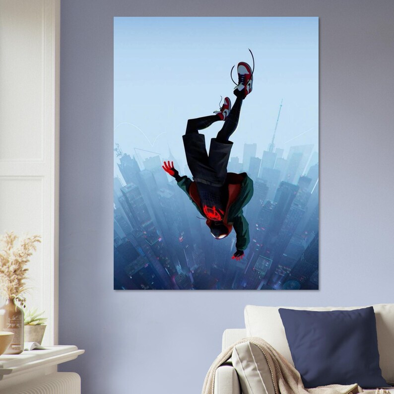 Poster di Miles Morales / Decorazione murale Spider-Verse / Stampa a fumetti di Spiderman / Decorazione Blue City immagine 2