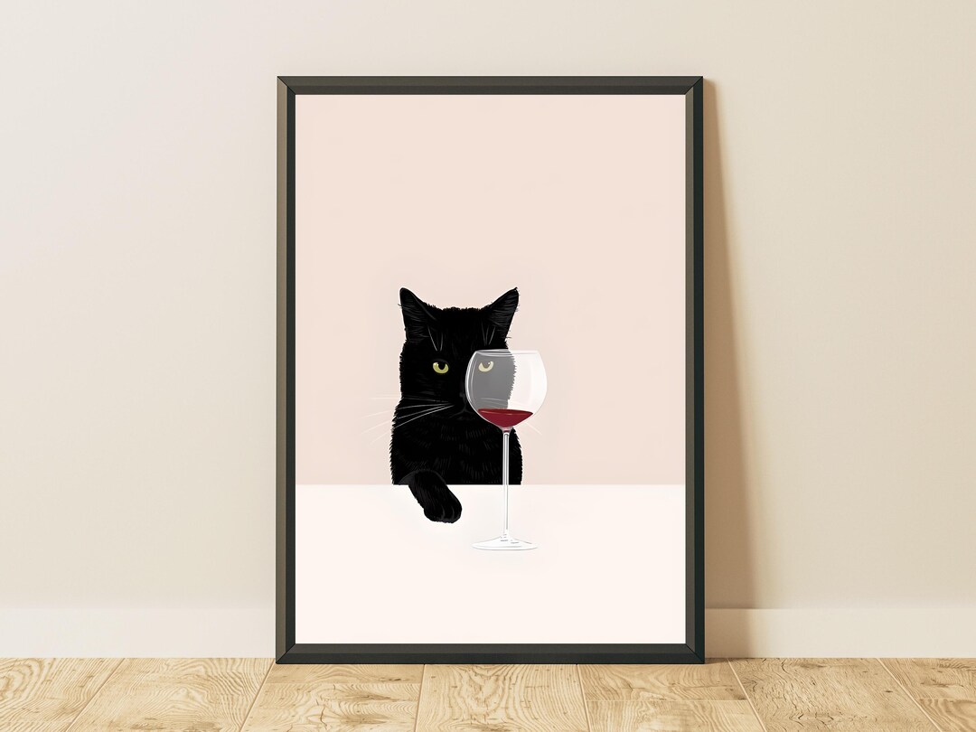 Black Cat Wine Wall Art, Minimalist Cat Print, Modern Bar Decor - Etsy