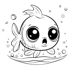 May include: Black and white cartoon illustration of a surprised fish with large eyes, fins, and bubbles. The fish is swimming in water, with a surprised expression.