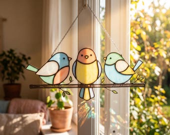 鳥のステンドグラスパターンPDF | ウォールアートパターンデジタルダウンロード | 茎付きかわいい鳥のサンキャッチャーテンプレート | 簡単ティファニースタイルDIYクラフト