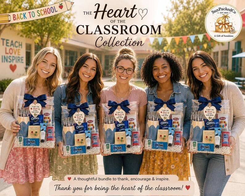 Peut inclure: Un coffret cadeau intitul&eacute; The Heart of the Classroom, comprenant un pot &agrave; crayons bleu, des biscuits Oreo, du chewing-gum Orbit, des lingettes Wet Ones et d'autres collations. Chaque panier est emball&eacute; dans du plastique avec un n&oelig;ud bleu marine.