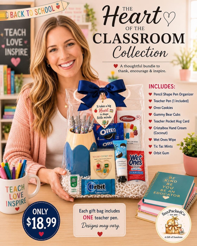 Peut inclure: Un sac cadeau intitul&eacute; The Heart of the Classroom Collection contenant un organisateur de stylos en forme de crayon, des biscuits Oreo, des oursons en g&eacute;latine, une carte, de la cr&egrave;me pour les mains, une lingette, des menthes et du chewing-gum.