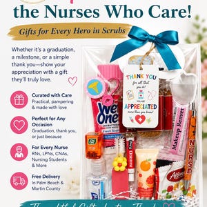 May include: A clear gift bag tied with a teal bow, filled with various items. The bag includes a hand sanitizer, lip balm, pen, and other small gifts. Text on the tag reads "Thank you for all that you do!" and "You are appreciated."
