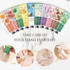 Peut inclure: Une collection de dix tubes de cr&egrave;me pour les mains Cristalbox Natural Pure avec des illustrations botaniques et alimentaires, dont pamplemousse, rose, avocat, miel, noix de coco, camomille, lavande, fleurs de cerisier, karit&eacute; et aloe vera.