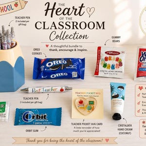 Peut inclure: Un coffret intitul&eacute; The Heart of the Classroom Collection comprenant un pot &agrave; crayons en forme de crayon, un stylo Best Teacher, des biscuits Oreo, des oursons en g&eacute;latine Albanese, des lingettes Wet Ones, des menthes Tic Tac, du chewing-gum Orbit.