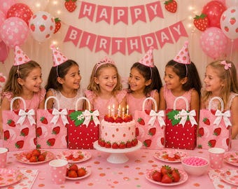 Puede incluir: Una escena de fiesta de cumpleaños con siete niñas pequeñas con vestidos rosas y sombreros de fiesta. Una tarta con temática de fresas, bolsas de regalo y decoraciones están sobre la mesa. Globos rosas y una pancarta que dice "Happy Birthday".