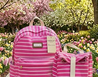 Conjunto de mochila y bolsa de almuerzo a rayas rosas de Madden Girl / Lista para la vuelta al cole