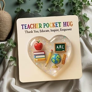 Peut inclure: Une carte carr&eacute;e avec le texte TEACHER POCKET HUG et Thank You, Educate, Inspire, Empower. Elle pr&eacute;sente une pi&egrave;ce en r&eacute;sine transparente en forme de c&oelig;ur incrust&eacute;e d'objets scolaires miniatures : une pomme rouge, des livres, un crayon, un globe.