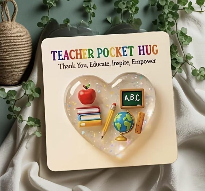 Peut inclure: Une carte carr&eacute;e avec le texte TEACHER POCKET HUG et Thank You, Educate, Inspire, Empower. Elle pr&eacute;sente une pi&egrave;ce en r&eacute;sine transparente en forme de c&oelig;ur incrust&eacute;e d'objets scolaires miniatures : une pomme rouge, des livres, un crayon, un globe.