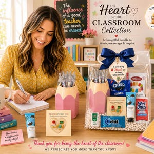 Peut inclure: Un coffret cadeau intitul&eacute; The Heart of the Classroom Collection comprenant un porte-stylo rose en forme de crayon, un mug avec le texte Teach Love Inspire, une &eacute;tiquette en forme de c&oelig;ur et divers en-cas et produits de soin.
