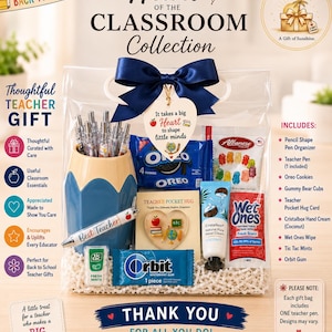 Peut inclure: Un sac cadeau transparent intitul&eacute; The Heart of the Classroom Collection contenant un porte-stylo bleu en forme de crayon, un stylo marqu&eacute; Best Teacher, des biscuits Oreo, des oursons en gomme, une carte en forme de c&oelig;ur, de la cr&egrave;me pour les mains &agrave; la noix de coco, une lingette Wet Ones, des Tic Tac et du chewing-gum Orbit.