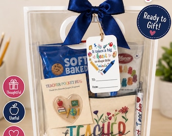Puede incluir: Bolsa de regalo transparente con lazo azul, llena de artículos de agradecimiento para profesores. Incluye una bolsa de galletas, una etiqueta, un bolígrafo y una bolsa pequeña con la palabra "Teacher". Lista para regalar.