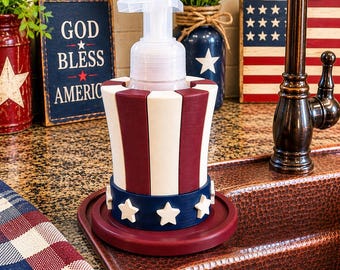 Patriottische schuimende zeephouder | Badkamerdecoratie 4 juli | Rood-wit-blauwe zeepdispenserhouder | Bath & Body Works-zeephoes