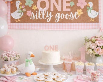Verjaardagsbanner One Silly Goose, roze girly feestdecor (digitale download)