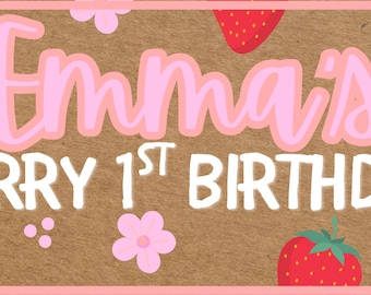 Gepersonaliseerde aardbei-verjaardagsbanner, Berry Sweet-feestachtergrond (digitale download)