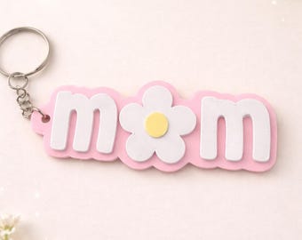 Gepersonaliseerde moeder madeliefjebloem sleutelhanger | 3D-geprint PLA-cadeau