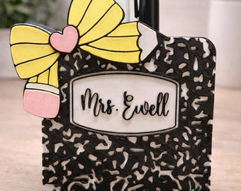 Personalized Teacher Pencil Holder | Composition Notebook Desk Organizer, Custom Name Classroom Decor