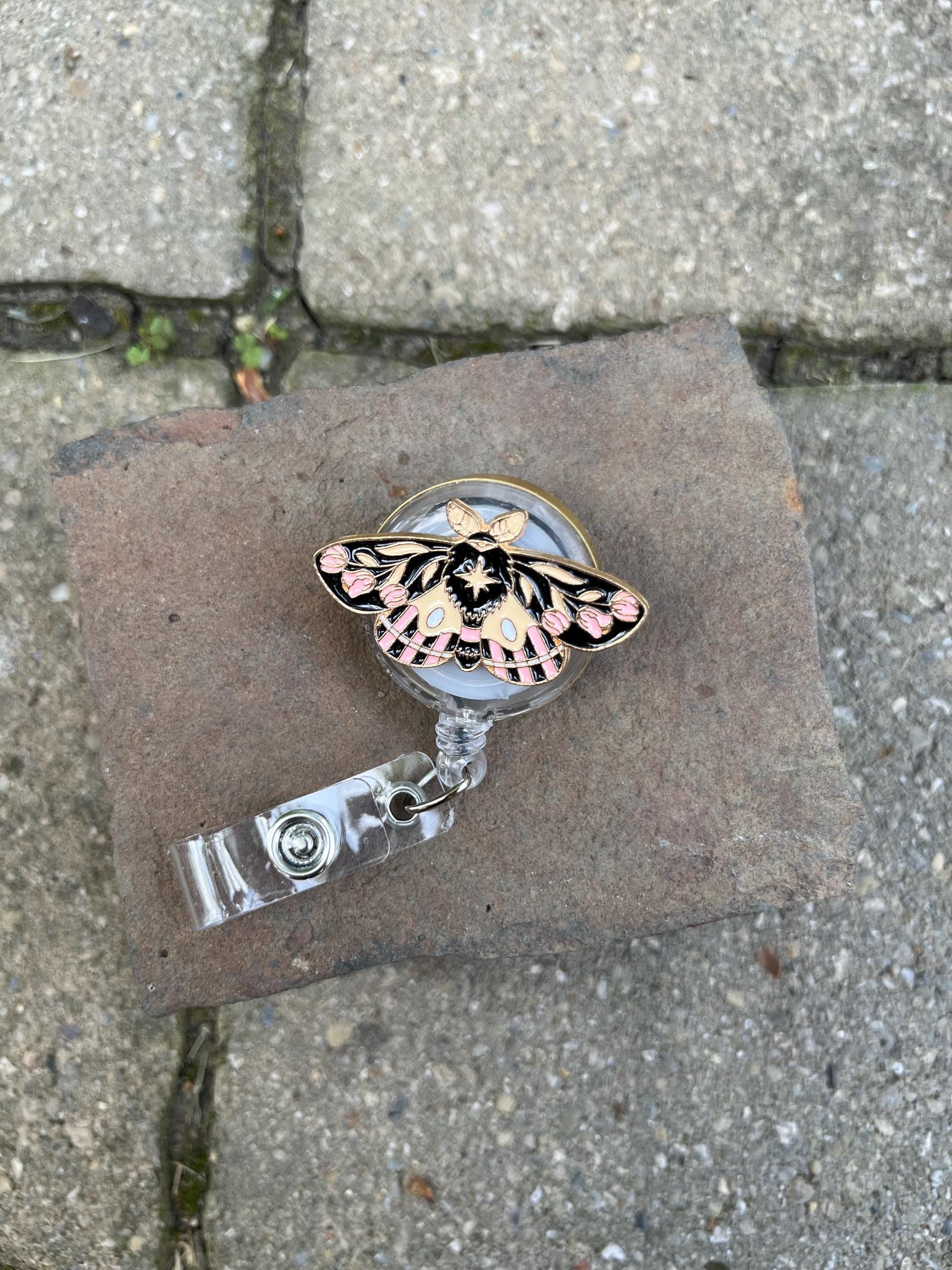 Retractable Moth Badge Reel Pink ID Holder